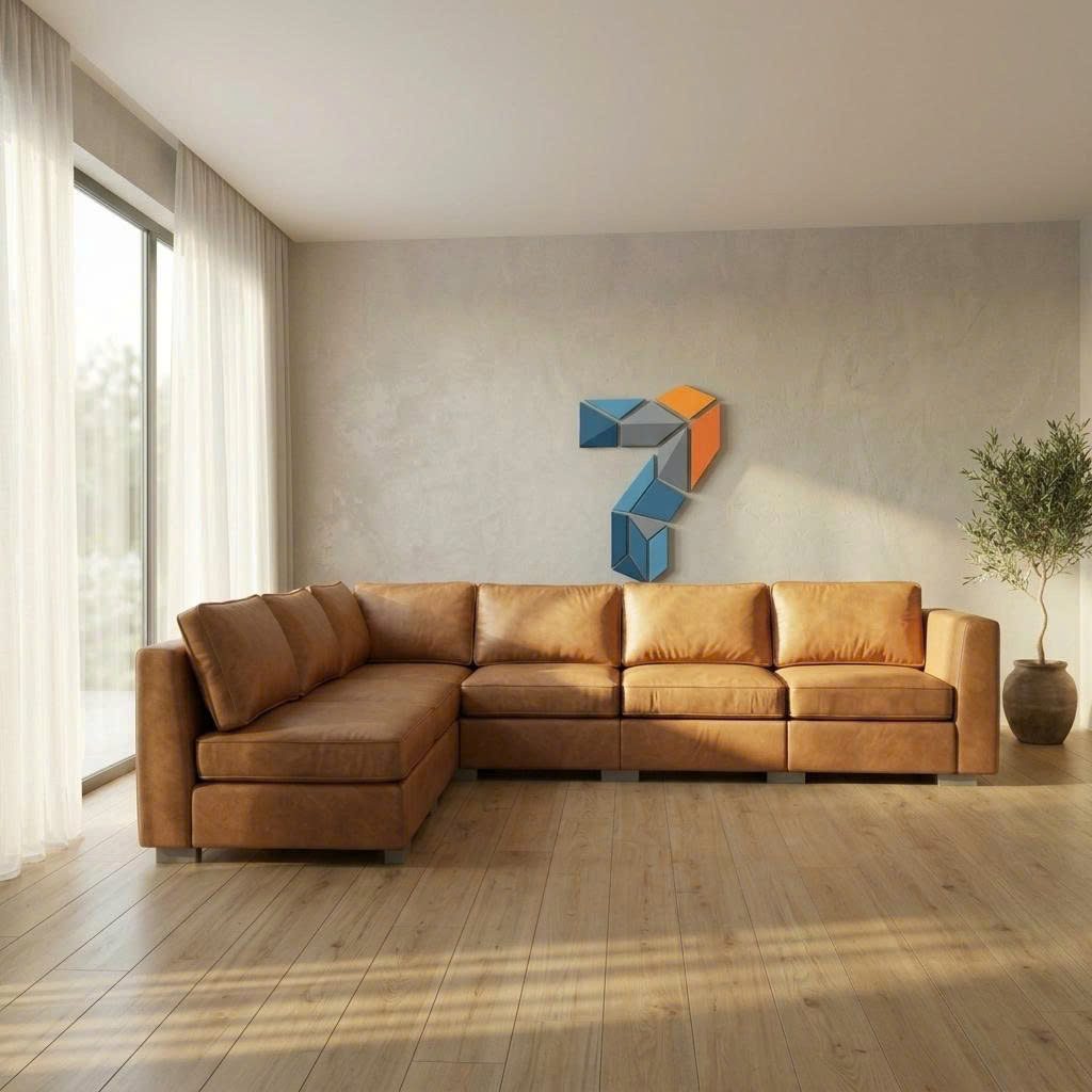 Bộ sofa module 7MODU cấu hình chữ L bọc da nâu trong phòng khách căn hộ