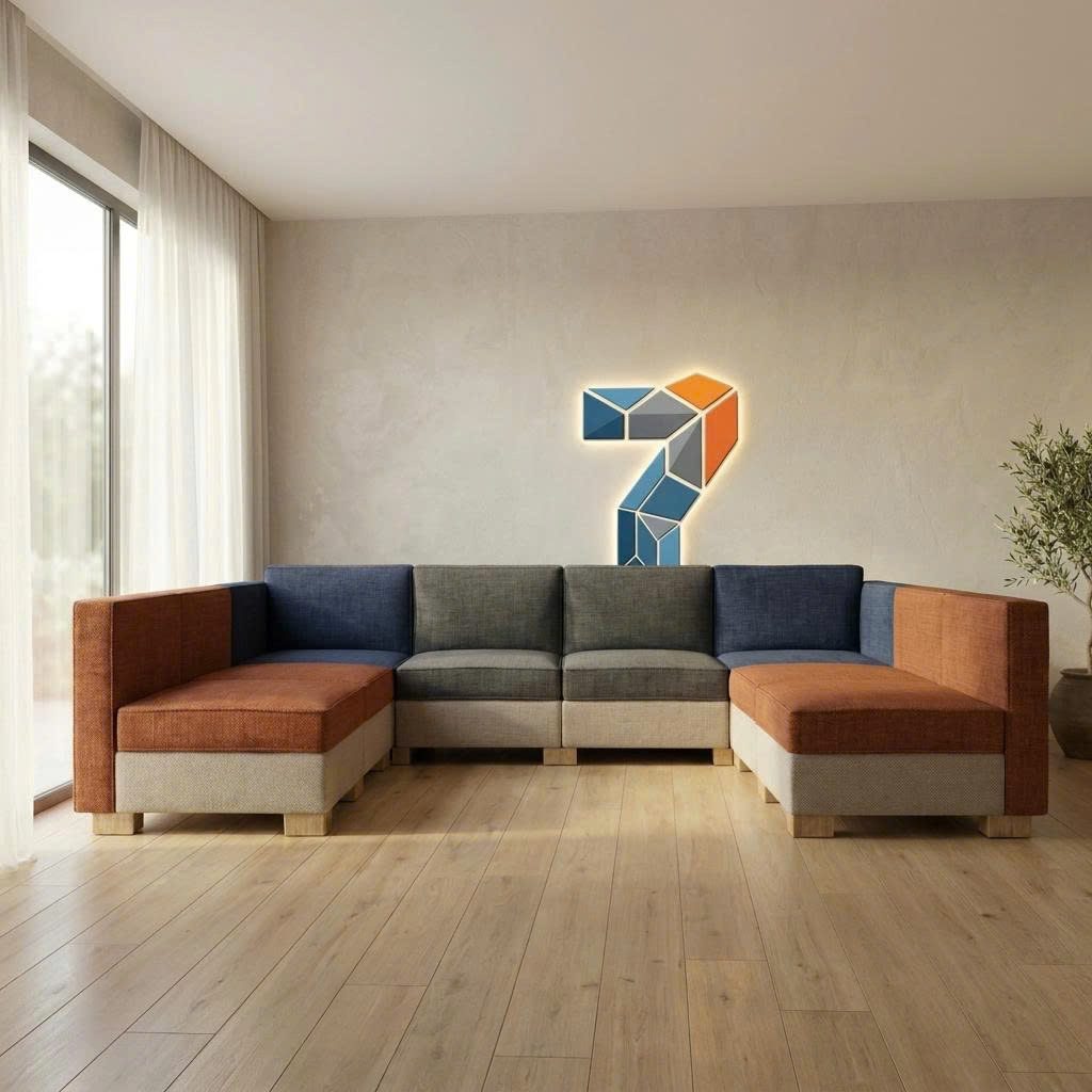 Sofa module 7MODU cấu hình chữ U với mỗi khối bọc một màu vải khác nhau