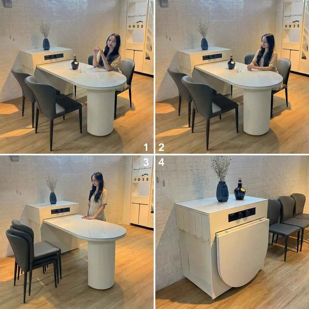 Bốn bước mở bàn ăn gấp gọn từ tủ bếp thành bàn ăn 4 chỗ mặt đá trắng, ảnh thật tại showroom 7MODU