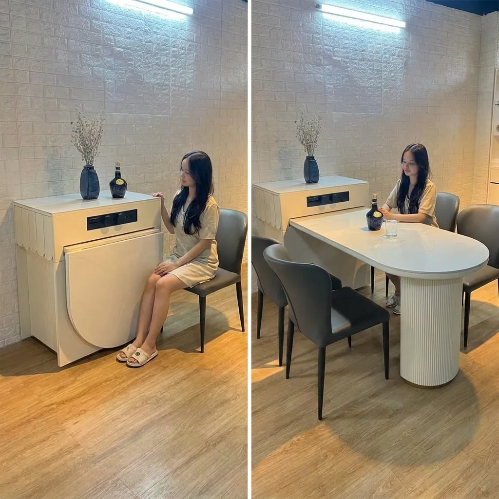 So sánh bàn ăn gấp gọn lúc đóng sát tường và lúc mở thành bàn ăn 4 chỗ trong căn bếp nhỏ