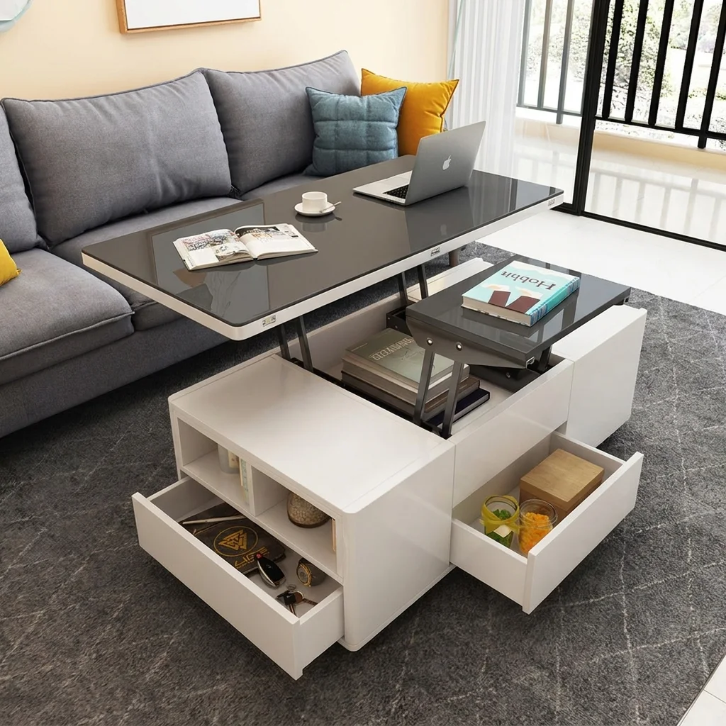 Bàn trà thông minh mặt kính đen nâng hạ, thân trắng nhiều ngăn kéo, đặt trước sofa vải xám