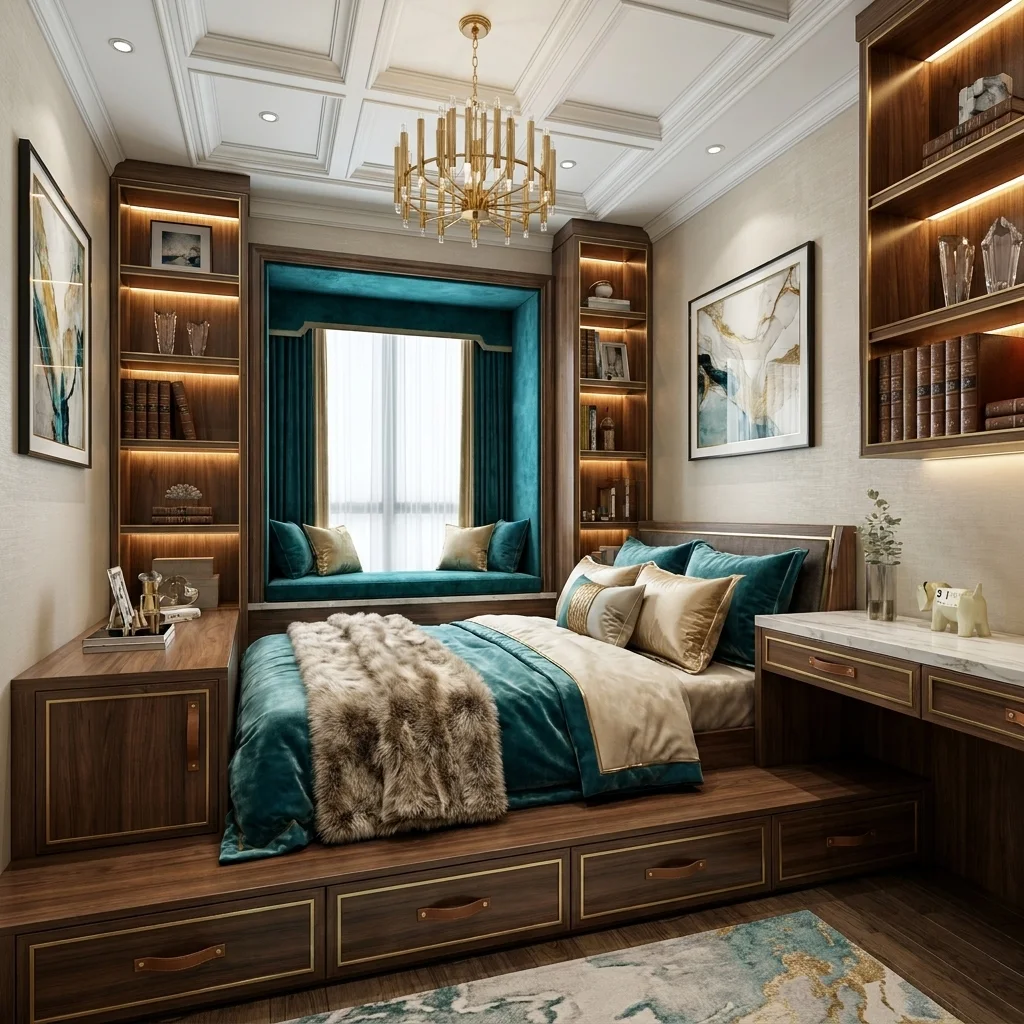 Giường bục gỗ óc chó với 4 ngăn kéo lớn dưới bệ, ghép ghế bệ cửa sổ và kệ sách âm tường hai bên