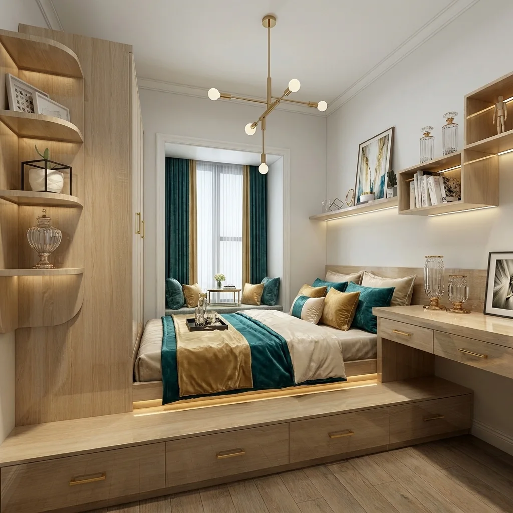 Giường bục gỗ sồi sáng có 4 ngăn kéo và đèn LED hắt chân bục, kèm bàn trang điểm liền và kệ treo tường