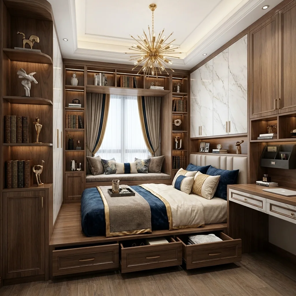 Giường bục gỗ óc chó 3 ngăn kéo mở, ghép tủ sách cao kịch trần, bàn làm việc và ghế bệ cửa sổ