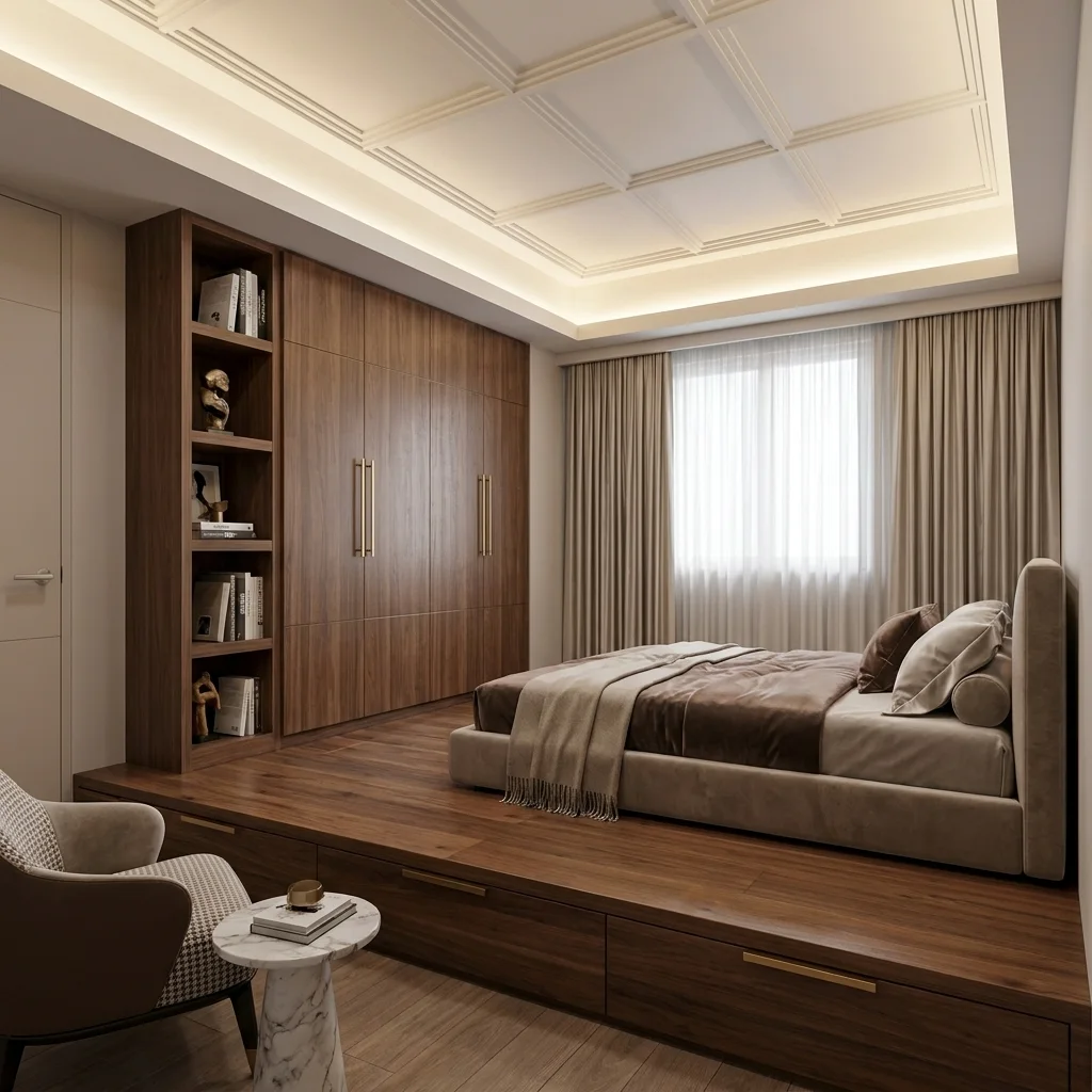 Sàn nâng gỗ óc chó chạy hết chiều rộng phòng ngủ với dãy ngăn kéo tay nắm đồng, đặt nệm bọc nỉ bên trên