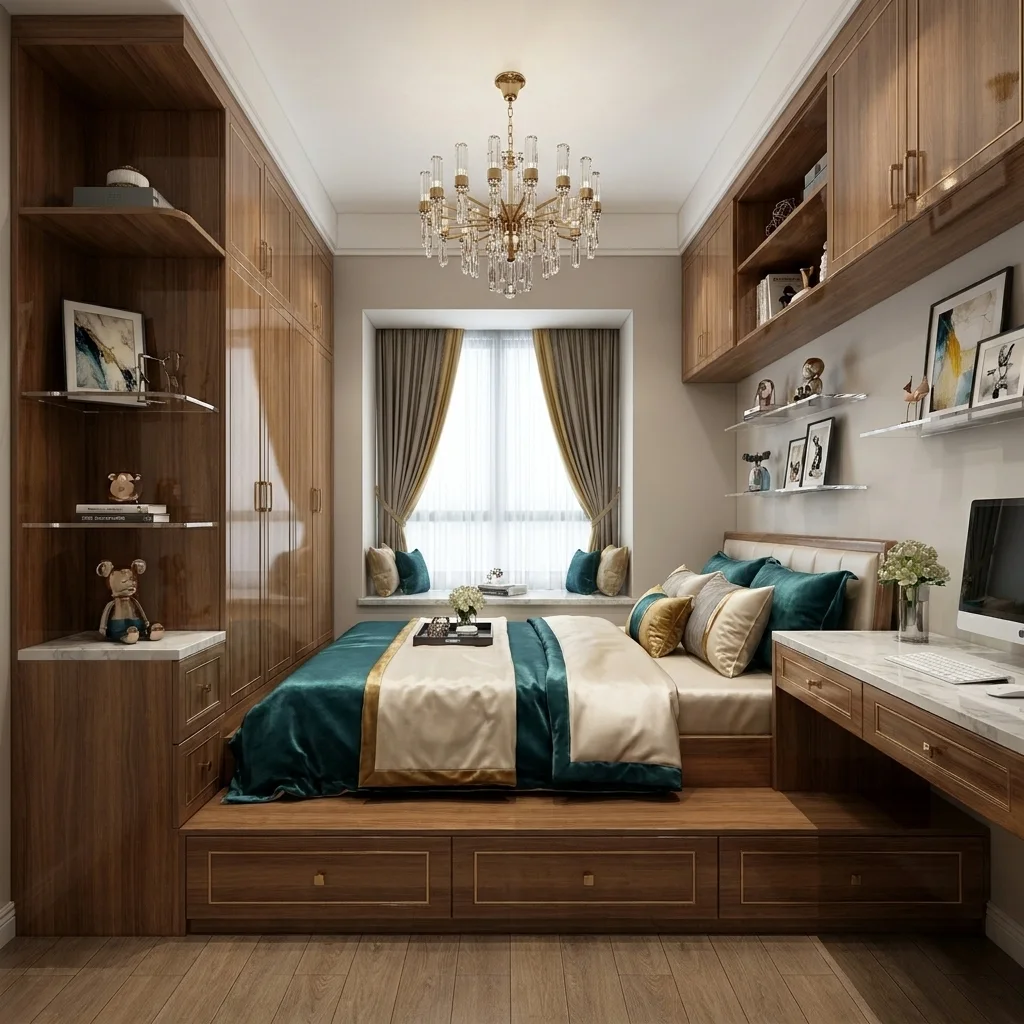 Giường bục gỗ 3 ngăn kéo trong phòng ngủ nhỏ, kèm bàn làm việc mặt đá, kệ treo tường và tủ áo góc