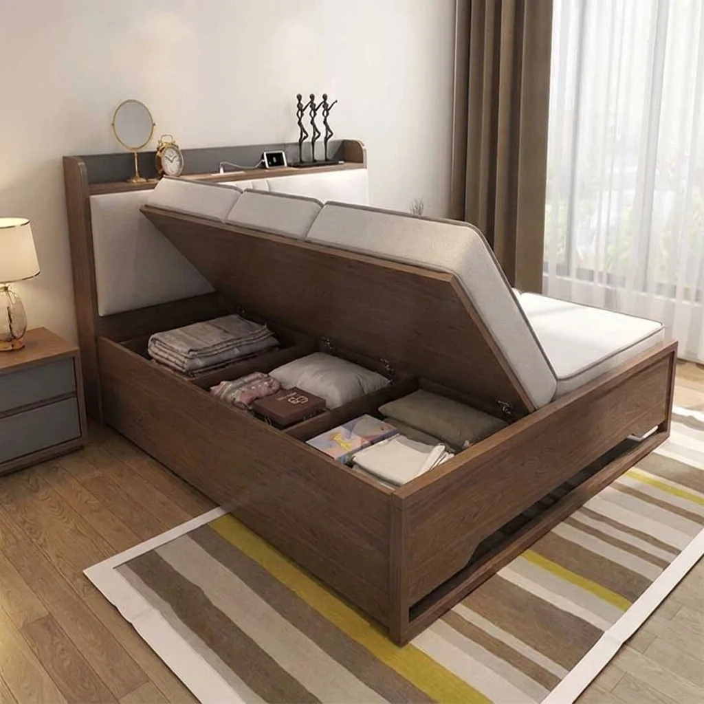 Giường gỗ óc chó nâng nguyên mặt giường bằng ben hơi, khoang dưới chia ô đựng chăn gối