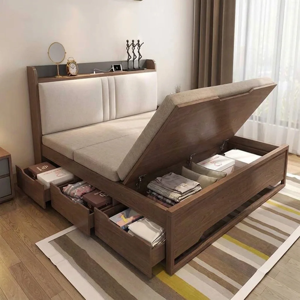 Giường gỗ óc chó lật nửa mặt giường lộ khoang chứa quần áo gấp, nửa còn lại vẫn trải nệm