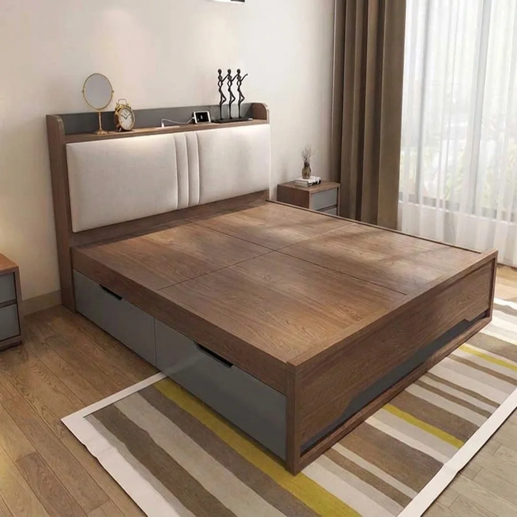 Giường module đóng kín mặt gỗ liền khối, hai ngăn kéo lớn dưới chân, đầu giường bọc nệm trắng