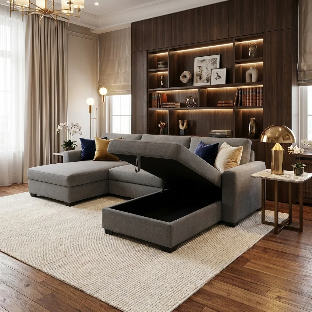 Sofa góc chữ U vải xám mở nắp khoang chứa dưới đệm ngồi, phòng khách có tường kệ sách gỗ