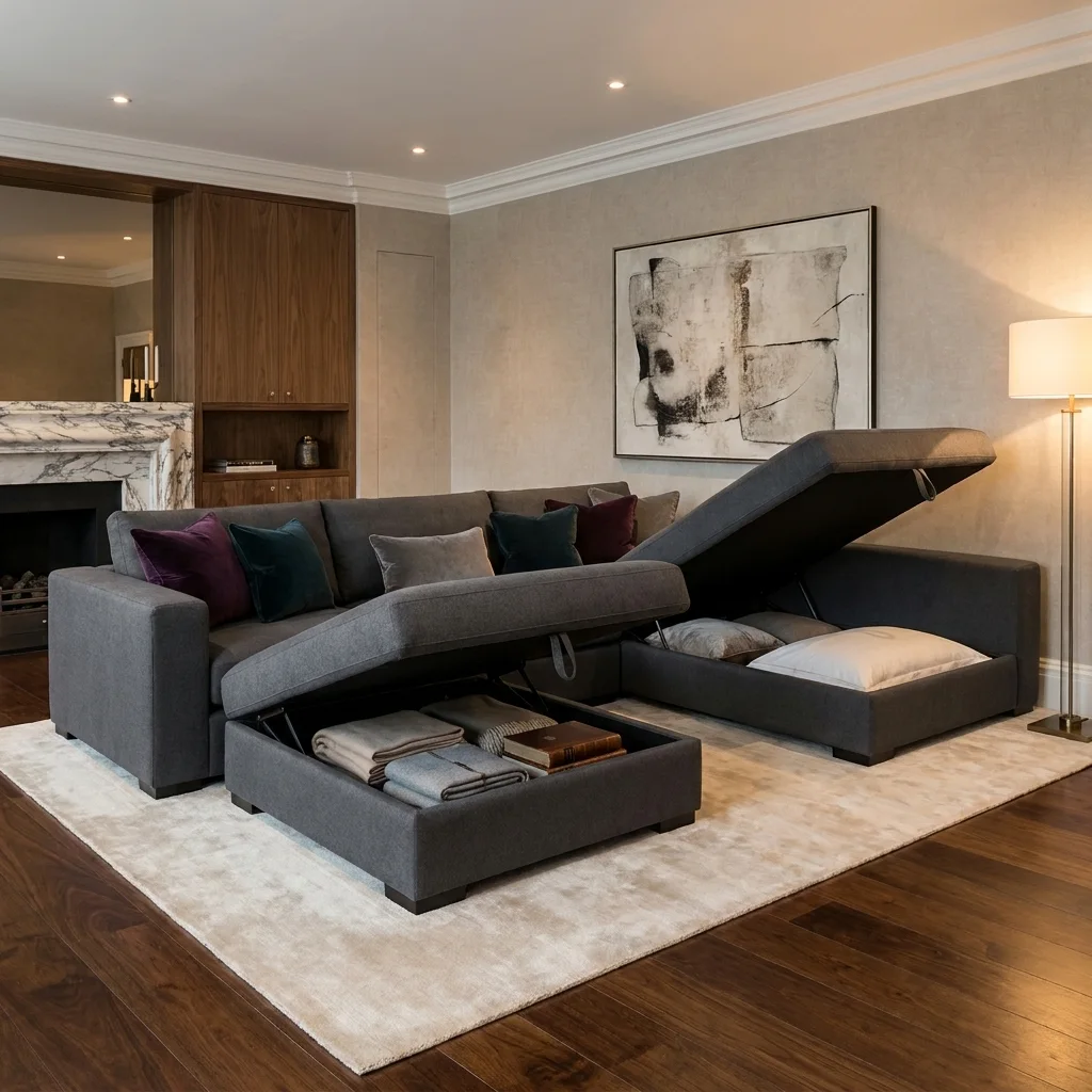 Sofa góc vải xám đậm mở hai khoang chứa cùng lúc, bên trong xếp chăn gối và sách