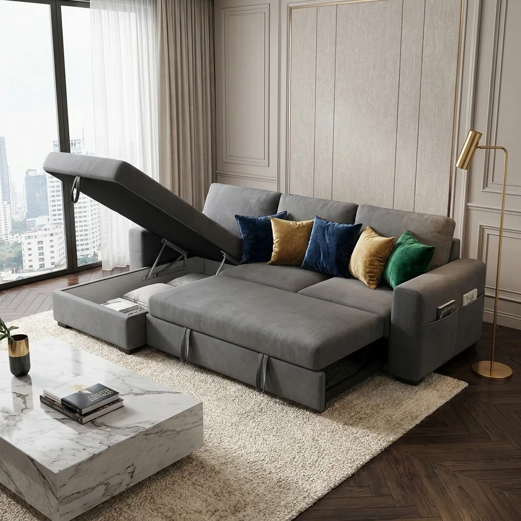 Sofa giường module xám kéo mặt ngồi ra thành chỗ nằm, đồng thời mở khoang chứa đồ bên hông