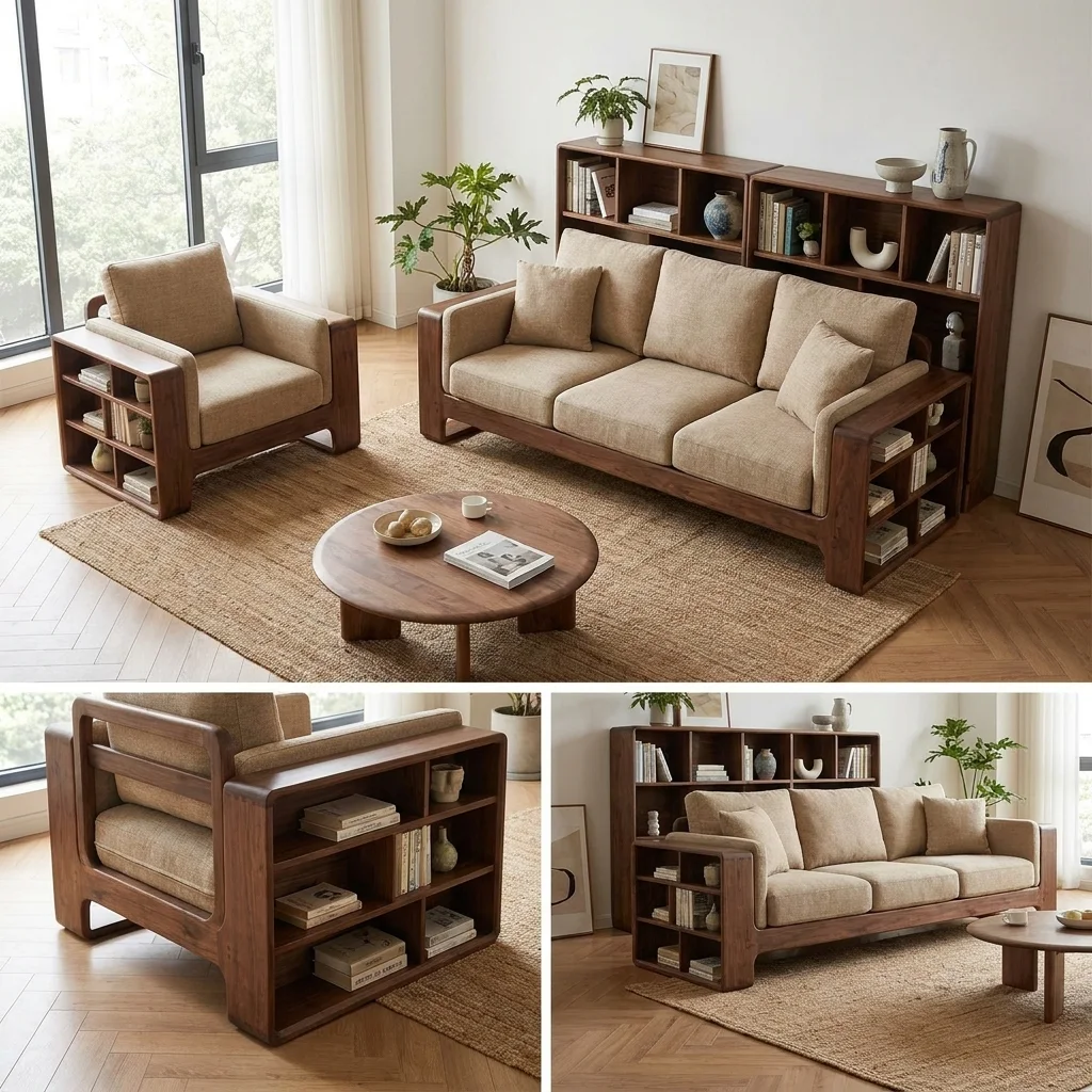 Bộ sofa module gỗ óc chó bọc nệm be, tay sofa là kệ sách nhiều ô, kèm ghế đơn cùng bộ và bàn trà tròn