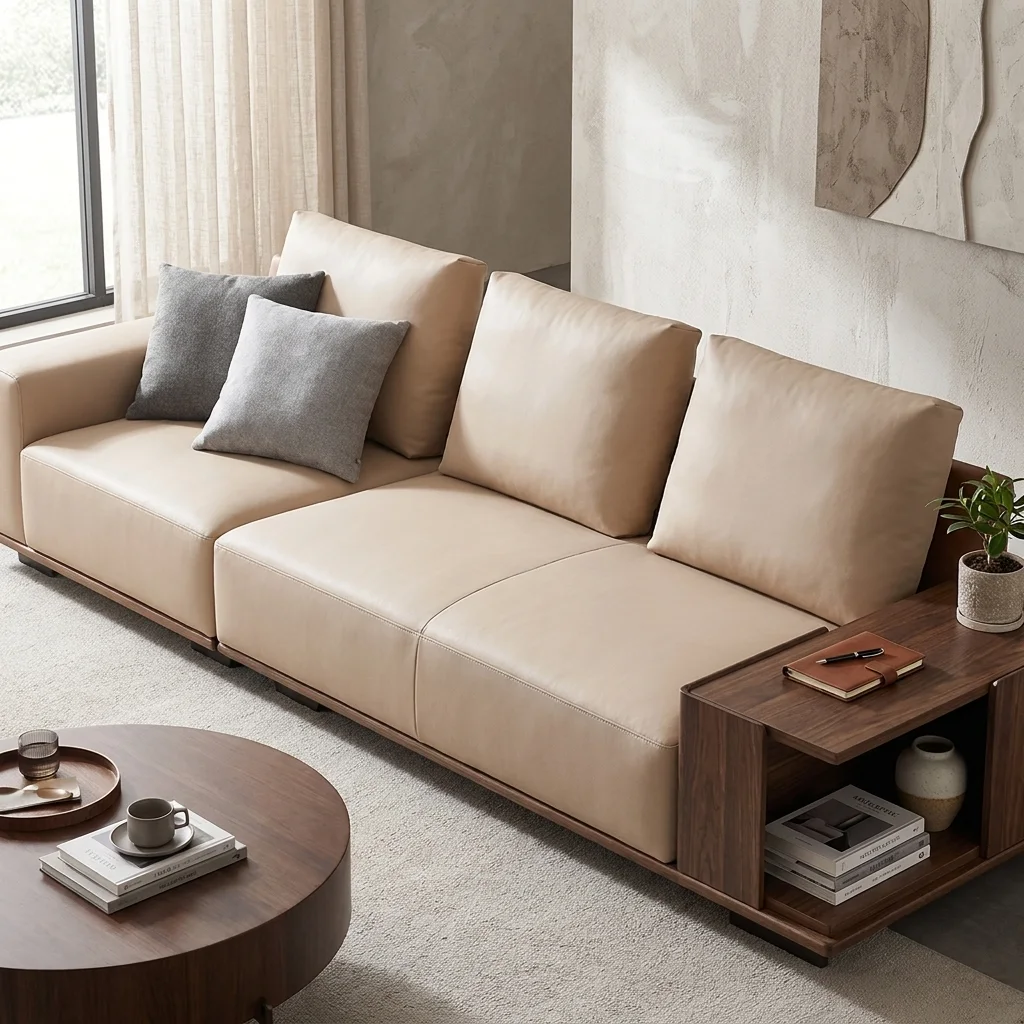 Sofa module bọc da be với tay sofa gỗ óc chó có khoang để sách và bình trang trí