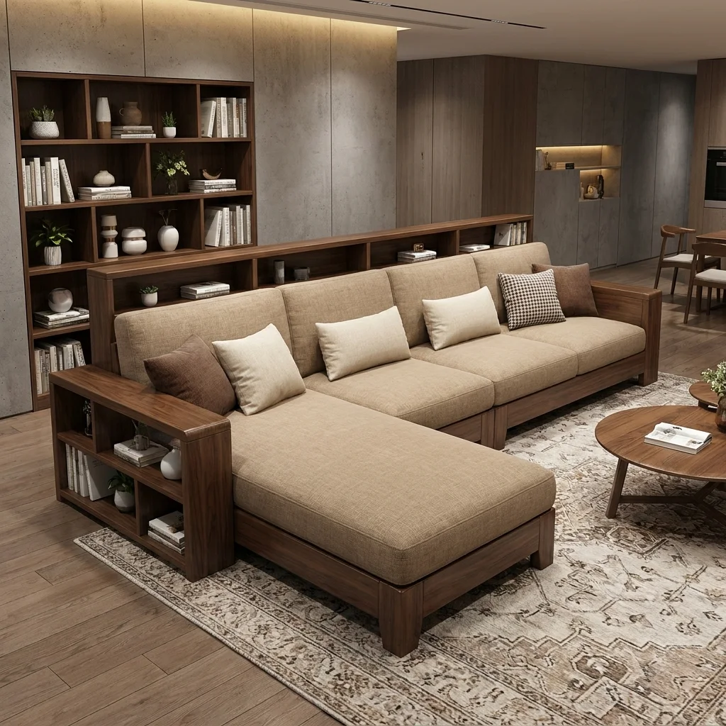 Sofa góc chữ L vải nâu be, lưng sofa liền dãy kệ sách thấp chạy dọc, trong phòng khách tông gỗ tối