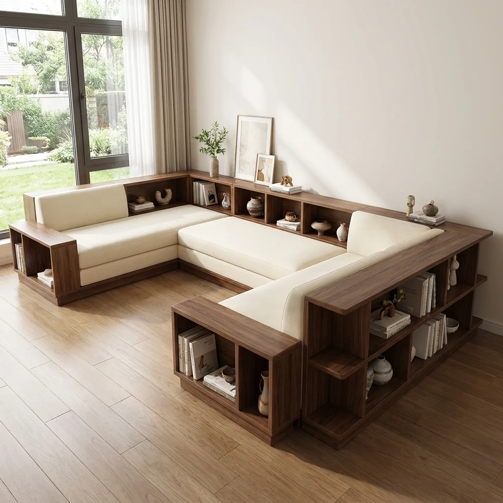 Sofa module chữ U gỗ óc chó nệm kem, tay và lưng đều là kệ sách, đặt sát cửa sổ nhìn ra sân