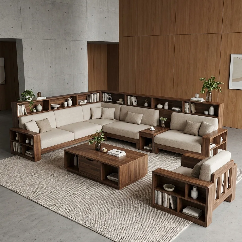 Bộ sofa module chữ L gỗ óc chó với kệ sách ở cả tay sofa và lưng, kèm bàn trà chữ nhật có khoang chứa