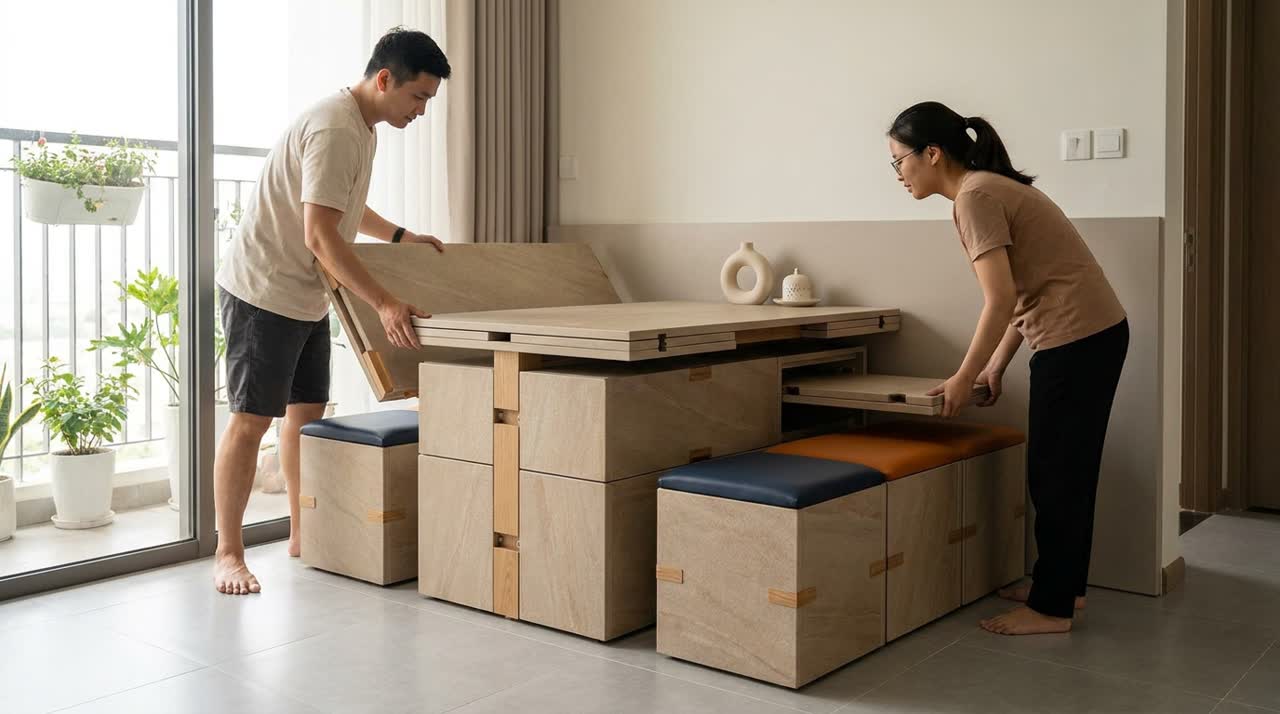 Bàn ăn module gấp gọn sát tường — Công năng