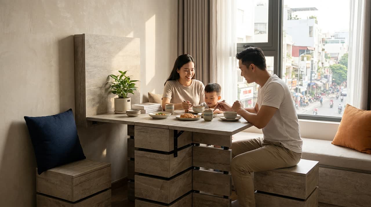 Bàn ăn module gấp gọn sát tường — Đời sống