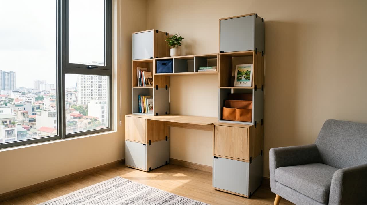 Bàn làm việc module tích hợp kệ sách — Toàn cảnh