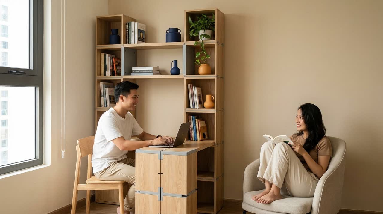 Bàn làm việc module tích hợp kệ sách — Đời sống
