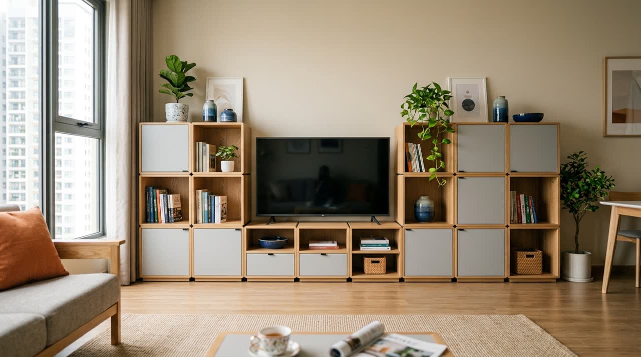 Kệ tivi module kết hợp kệ sách và trang trí — Toàn cảnh