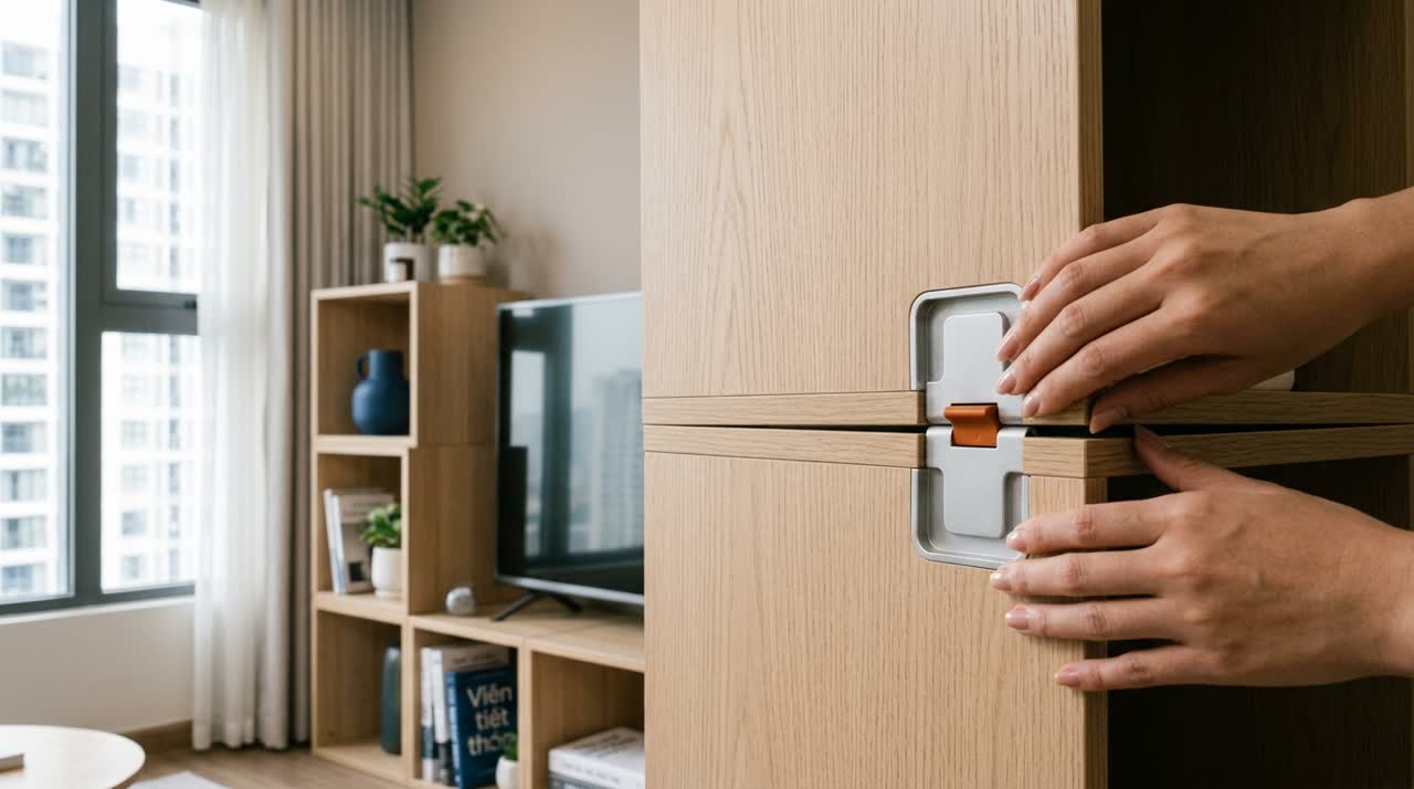 Kệ tivi module kết hợp kệ sách và trang trí — Cận cơ chế module