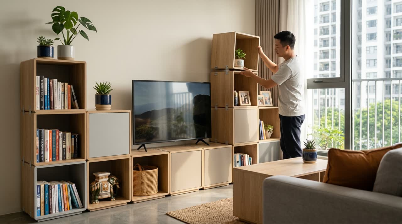 Kệ tivi module kết hợp kệ sách và trang trí — Công năng