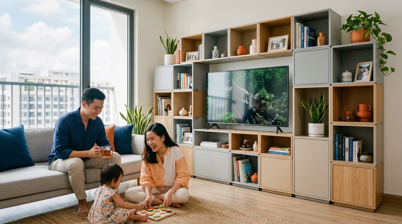Kệ tivi module kết hợp kệ sách và trang trí — Đời sống