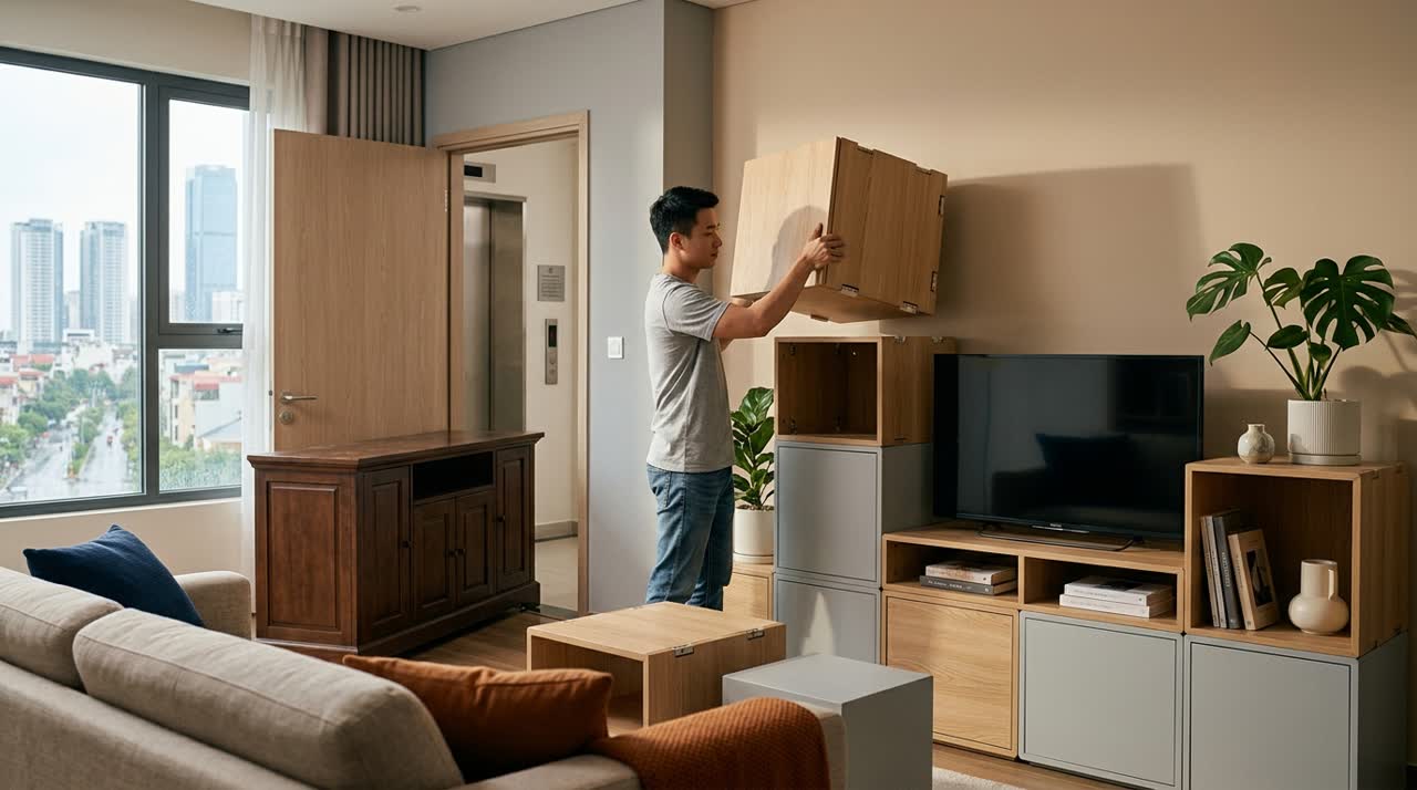 So sánh kệ tivi module và kệ gỗ đóng sẵn — Công năng