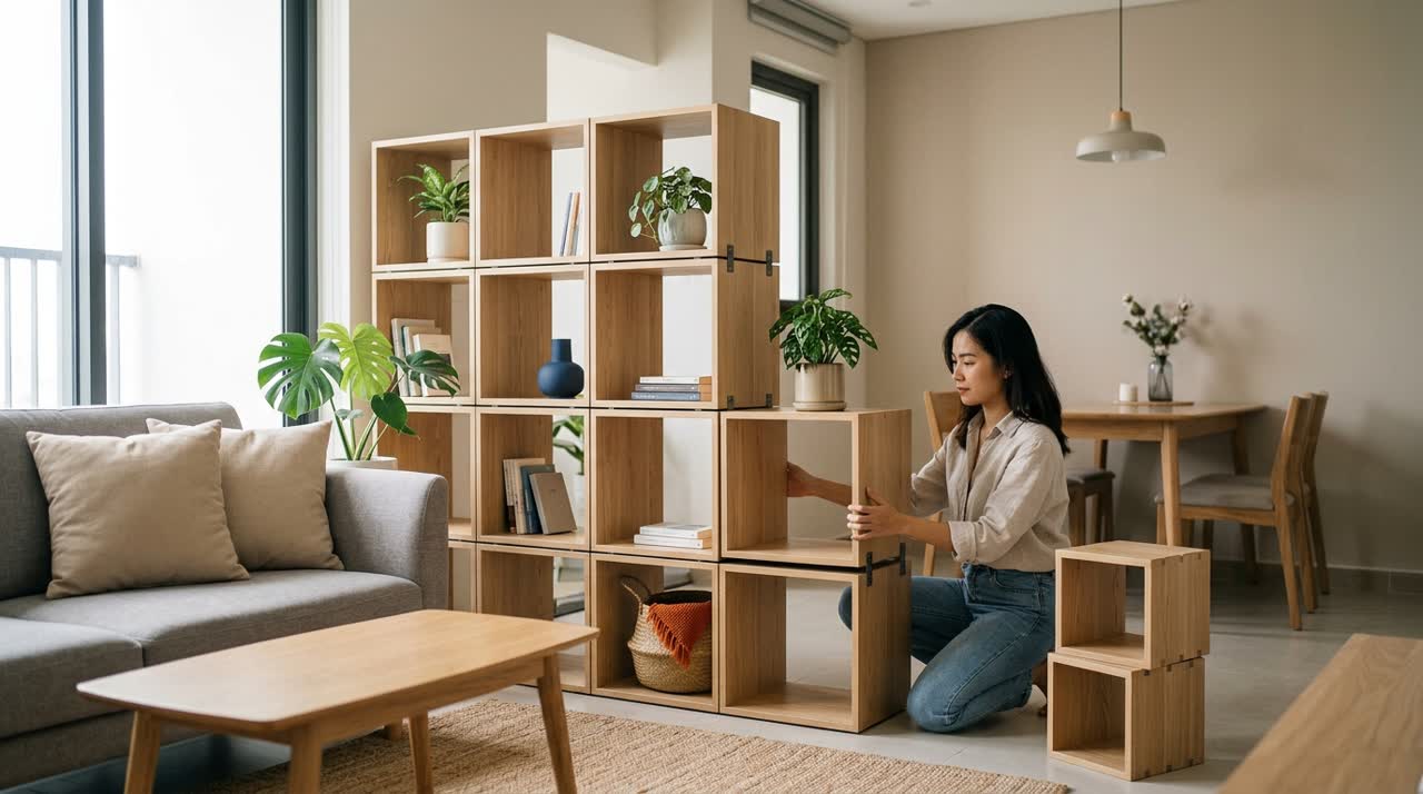 Kệ trang trí module làm vách ngăn mềm — Công năng