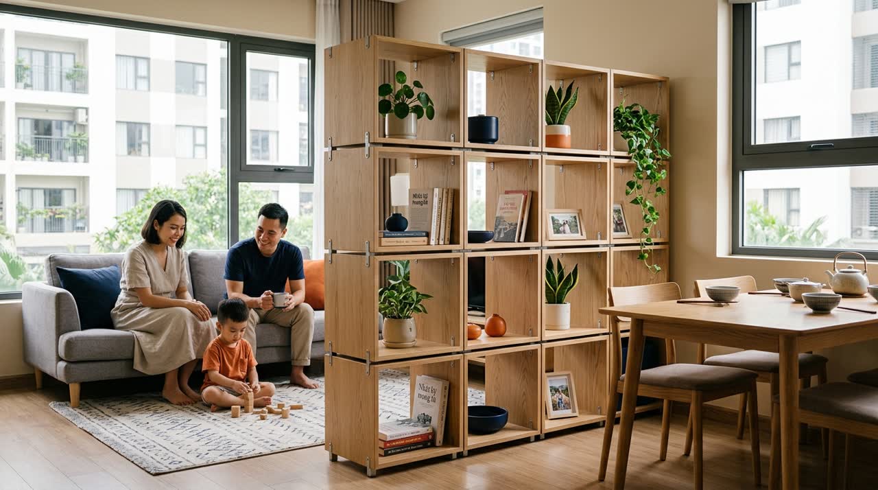 Kệ trang trí module làm vách ngăn mềm — Đời sống