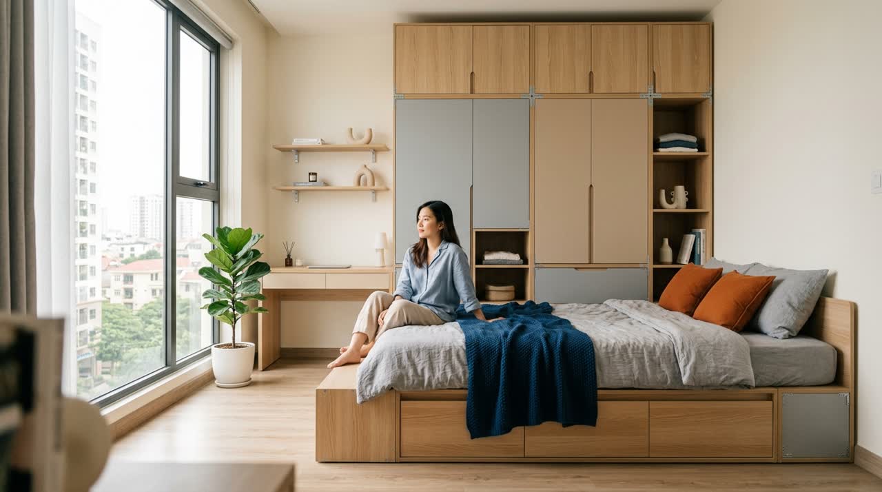 Phòng ngủ với giường và tủ áo module 7MODU — Toàn cảnh