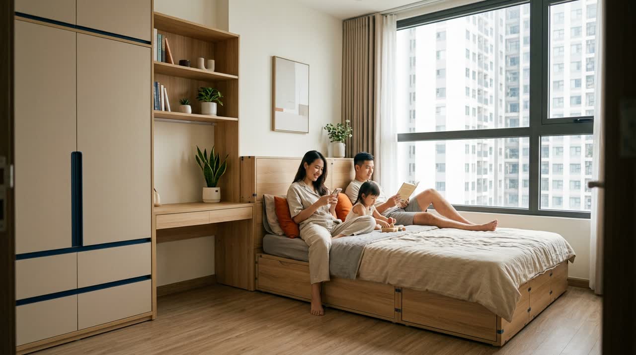 Phòng ngủ với giường và tủ áo module 7MODU — Đời sống