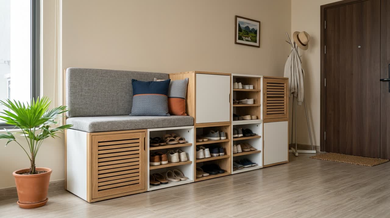 Tủ giày module kiêm ghế ngồi đi giày — Toàn cảnh