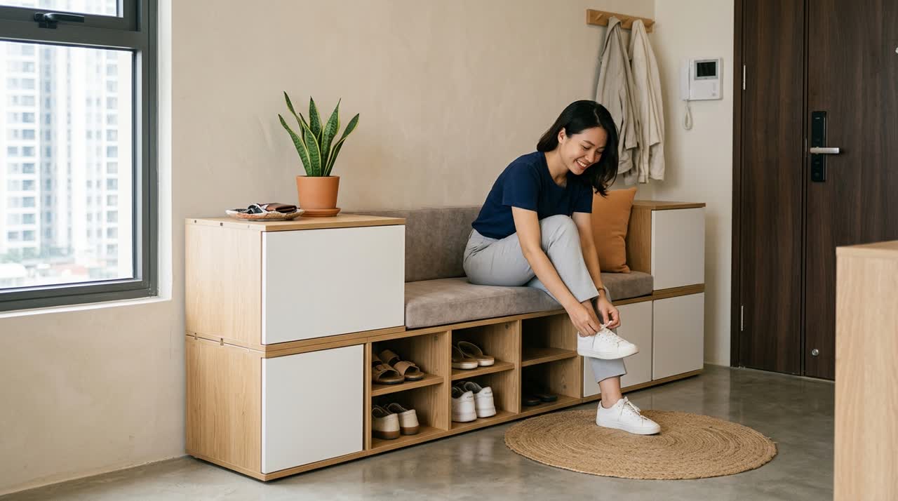 Tủ giày module kiêm ghế ngồi đi giày — Công năng